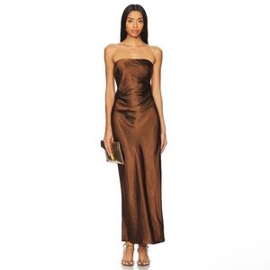 NEW Runaway The Label Kristine Strapless Minimalist Brown Satin Maxi Dress Small